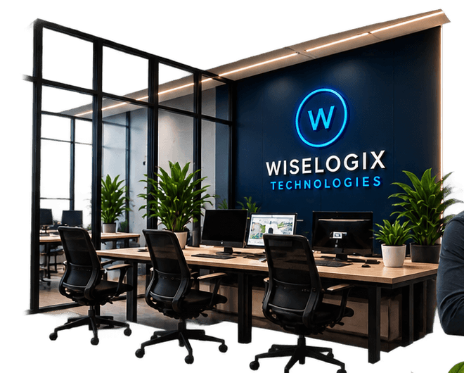 Illustration of a modern office workspace with the Wiselogix logo